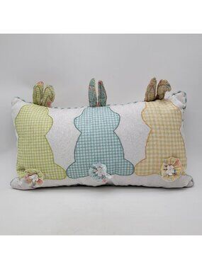 Decorative Easter Bunny Throw Pillow With Gingham & Floral Accents